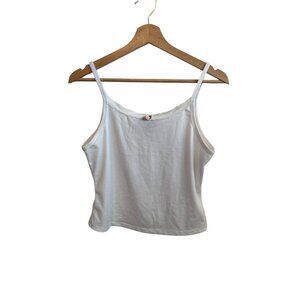 Just Polly White Ribbed Tank Top With Lace Trim & Floral Detail Women's Size XL